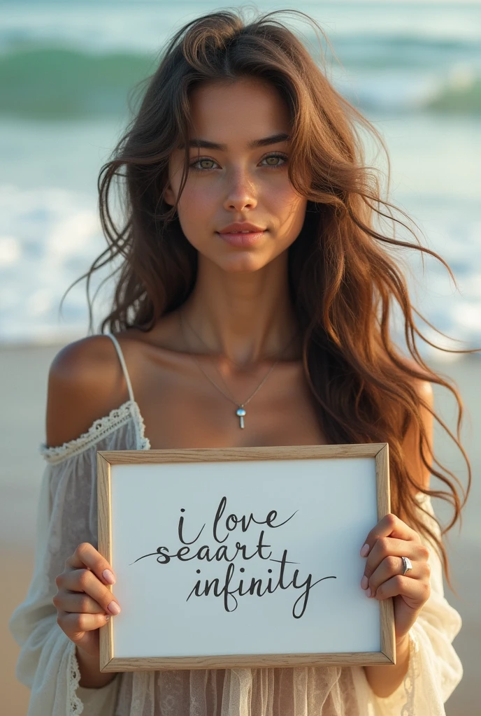 Beautiful girl with wavy long hair, bohemian dress, holding a white board with text "I Love Seaart Infinity" and showing it to the viewer