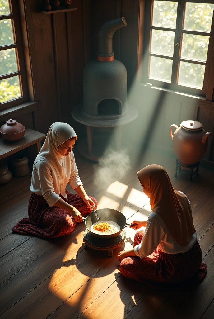 (photorealism:1.2), an aerial view of two malay beauty hijab girl sit down on a
floor in a wooden kitchen, in a midle of clay stove, wear a long sleeve t-shirt and a batik sarong, the girls pouring a meal onto the wok, a top aerial angle, in a morning sunshine, old urn,old traditional brick stove,, old kettle