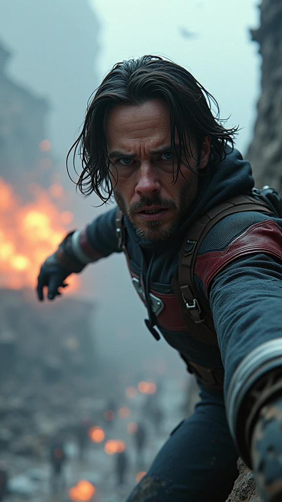 Bucky is depicted in a life-or-death situation, perhaps hanging from a cliff edge or caught in the blast of an explosion, his face showing a mixture of fear and determination. The scene around them is charged with tension: debris and dirt suspended in mid-air, flames from an explosion halted in their tracks, and soldiers frozen in the midst of combat.