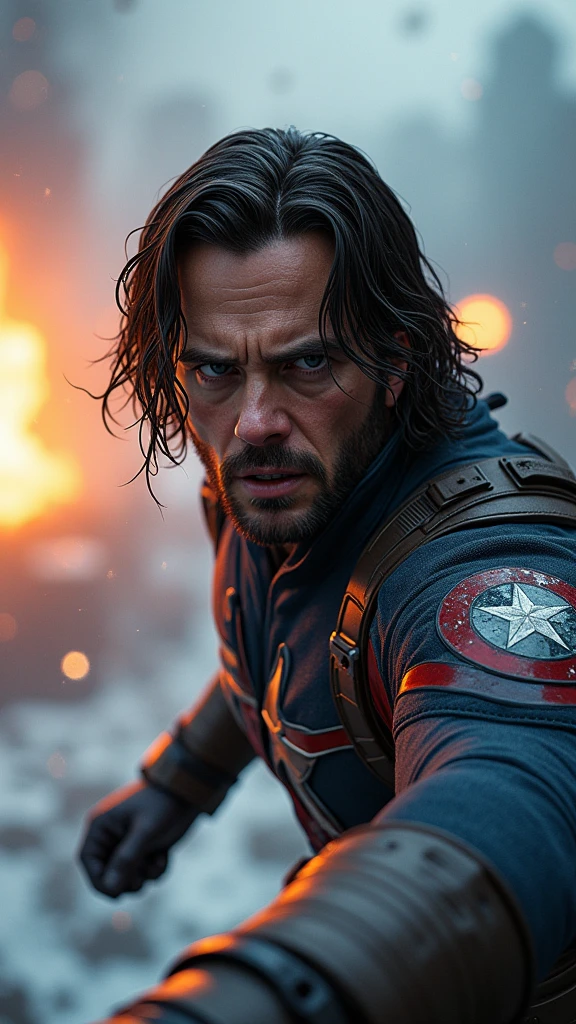 Bucky is depicted in a life-or-death situation, perhaps hanging from a cliff edge or caught in the blast of an explosion, his face showing a mixture of fear and determination. The scene around them is charged with tension: debris and dirt suspended in mid-air, flames from an explosion halted in their tracks, and soldiers frozen in the midst of combat.