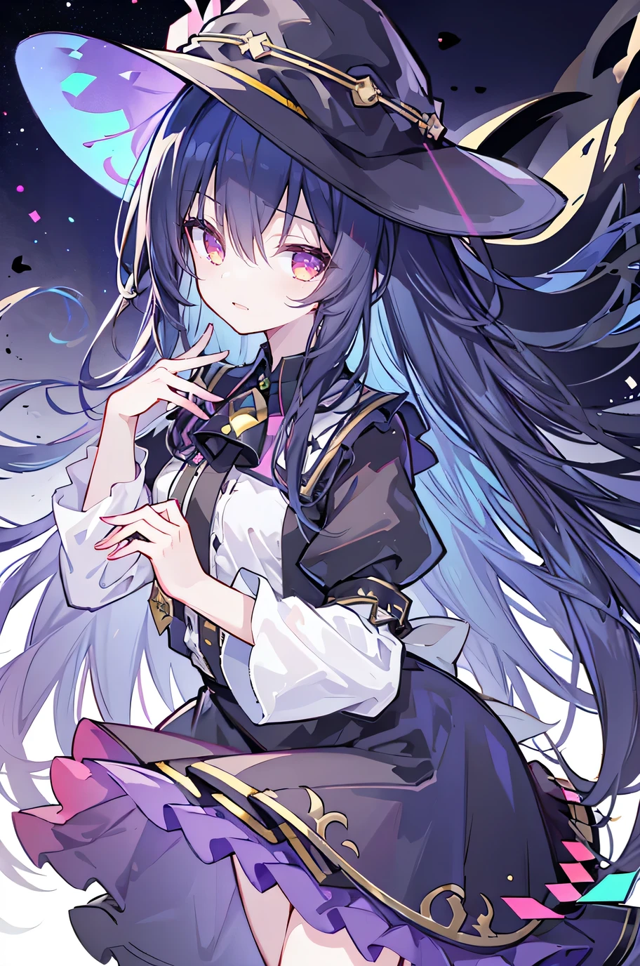 oung Girls,Humanity,A magician always smiles,big witch hat,cute,dark blue long hair,The eyes are dull,The bangs are heavy,Thin eyebrows,fantasy,intake,Double teeth,Star Theme,Constellation pattern,Solid color clothetal decoration,cloak,A bit of a dark atmosphere,A little crazy smile,When the big moon shines outside at night,blood,Hair black star embellishment,Short tie,No nails,High waist skirt,Bell sleeves,Long-sleeved shirt,Black tie,low risk,gentlemen。Mist、Yellow and white effect,Shocking pink as an accent color