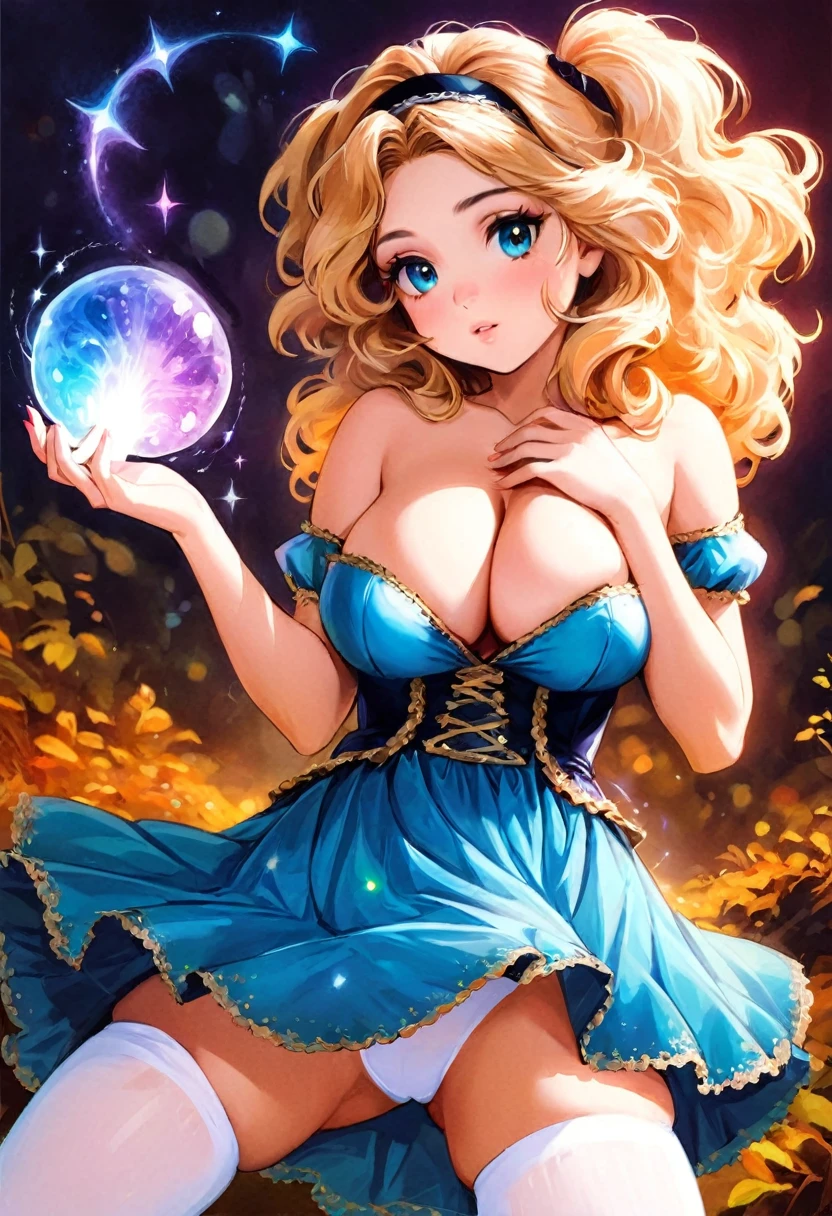 a beautiful 20 year old blonde Kate Upton with big messy hair in a blue dress, white stockings, black headband, cleavage, holding a glowing mushroom, fantasy art style, cartoon vibrant, cute detailed digital art, colorful digital fantasy art, digital fantasy art ), glossy digital painting, pastel vibrant,