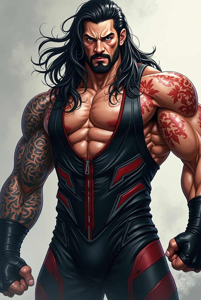 Make Roman Reigns with a Japanese drawing style, with big and expressive eyes, styled hair and an even more imposing and dynamic presence. Her outfit could be inspired by anime outfits with modern and striking details.. A combination of Roman Reigns' strength and charisma with the unique style of anime!