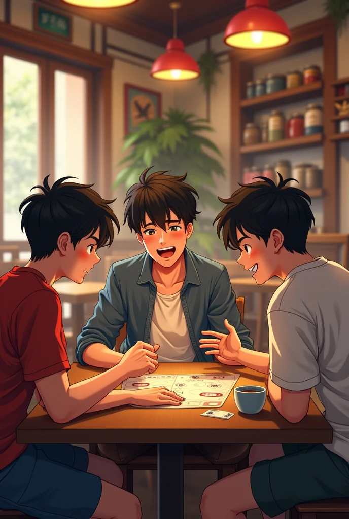 Three 18 year boys playing game from tea shop