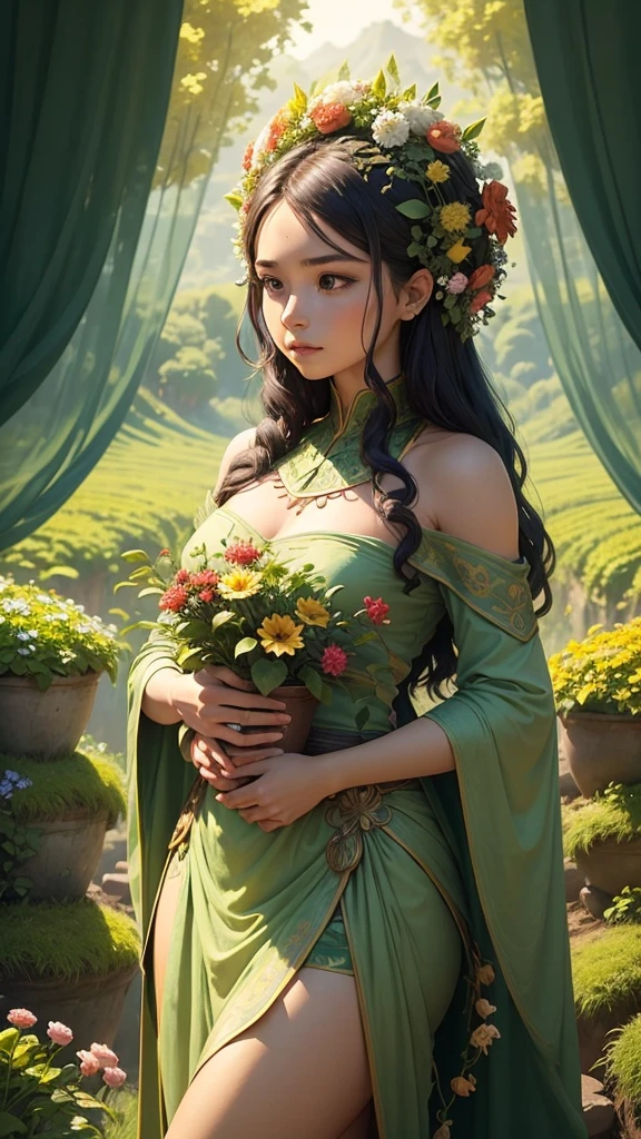 A vibrant scene depicting the mother of the earth, symbolizing growth and prosperity. The background is a fertile landscape with rolling green hills, blooming flowers, and a clear blue sky. The figure stands with an embracing posture, symbolizing nurturing. Her skin is a warm earth tone, and her hair is interwoven with vines, flowers, and small plants. She wears a robe made of leaves and flowers, and her eyes are kind and nurturing. Around her, the ground is bursting with life, with small animals grazing and birds flying. The atmosphere is warm, welcoming, and full of life, representing the abundance of nature.