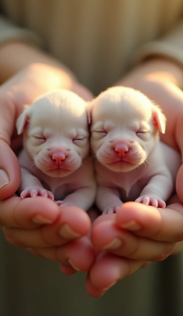 Two adorable newborn puppies nestled gently in the palms of a person's hands, showcasing their tiny features and soft fur, with a warm natural light illuminating their innocent expressions. The background is softly blurred to emphasize the puppies, creating a heartwarming and intimate scene