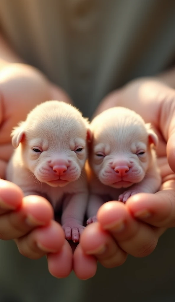 Two adorable newborn puppies nestled gently in the palms of a person's hands, showcasing their tiny features and soft fur, with a warm natural light illuminating their innocent expressions. The background is softly blurred to emphasize the puppies, creating a heartwarming and intimate scene