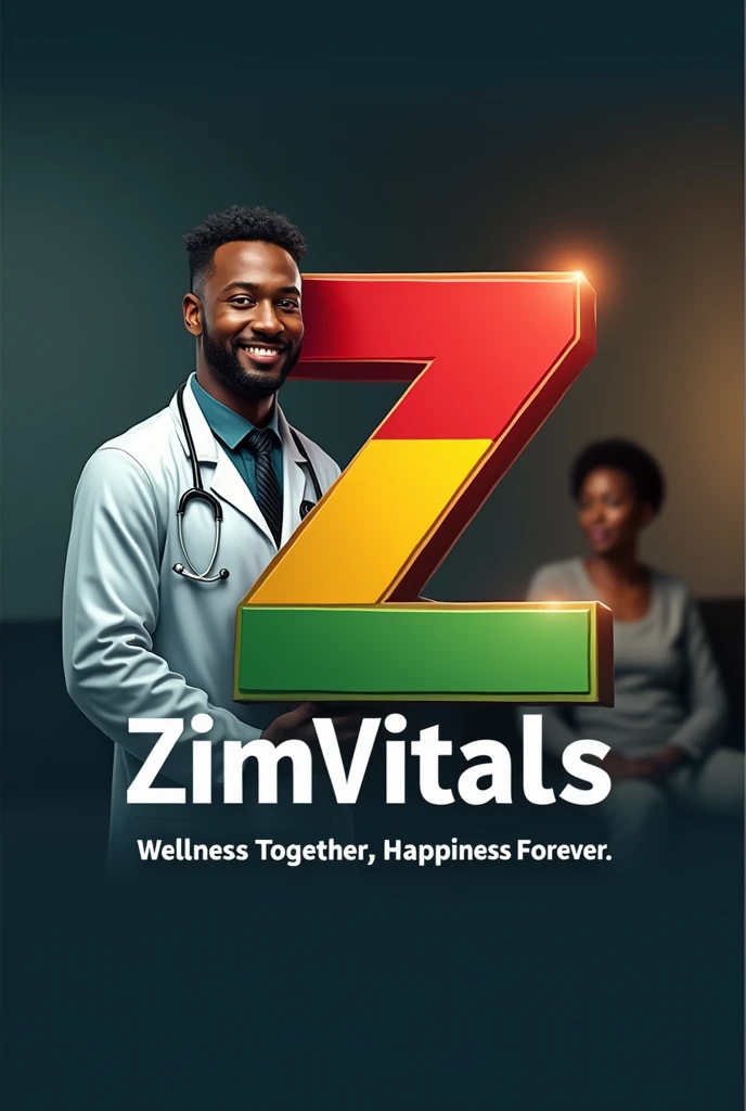 I want a logo for a health channel called ZimVitals, make the Z in ZimVitals with colours of Zimbabwean flag, with motto "Wellness together, happiness forever". Put a tinge of dim Zimbabwean flag at the background. Add a realistic black doctor with a patient in the background.