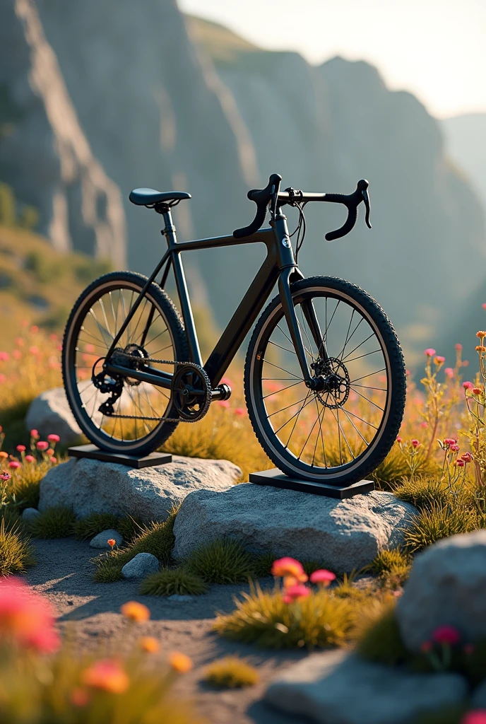 Photorealistic bike stand on rocks with flowers and mess, light illuminate on object and accent on product from background