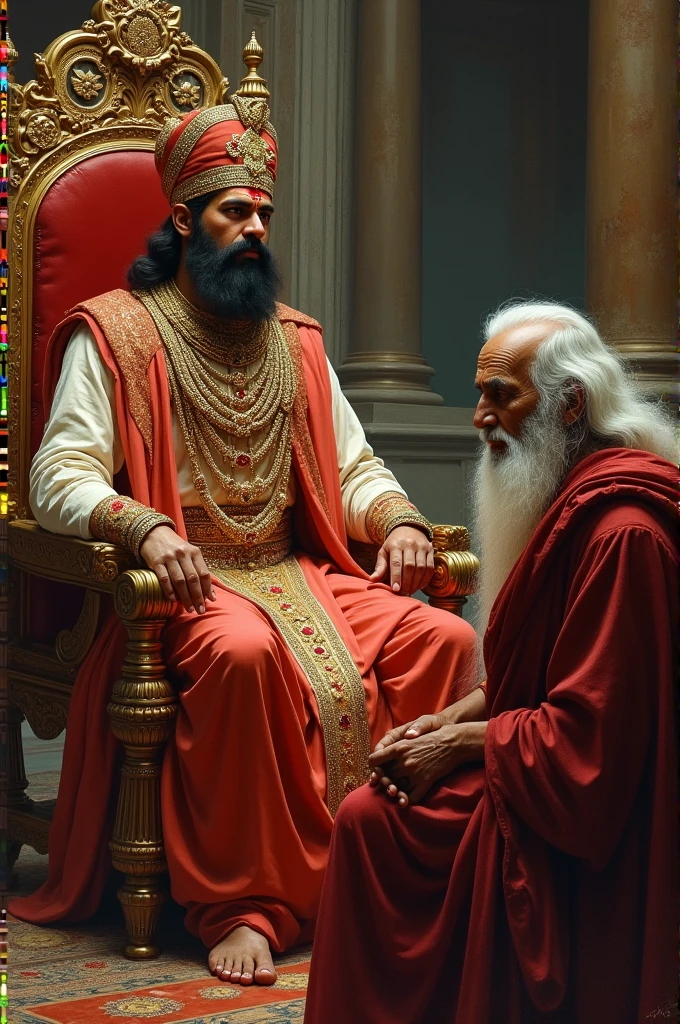 King Bhoj of Malwa, depicted as a majestic ruler, seated on a throne in a grand palace. He has a mysterious wound on his head, with an expression of thoughtfulness as he listens to a wise sage giving advice."