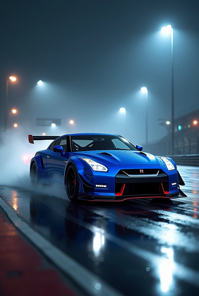 GTR 34 in Blue colour modified with body
 night in racing track in rain 