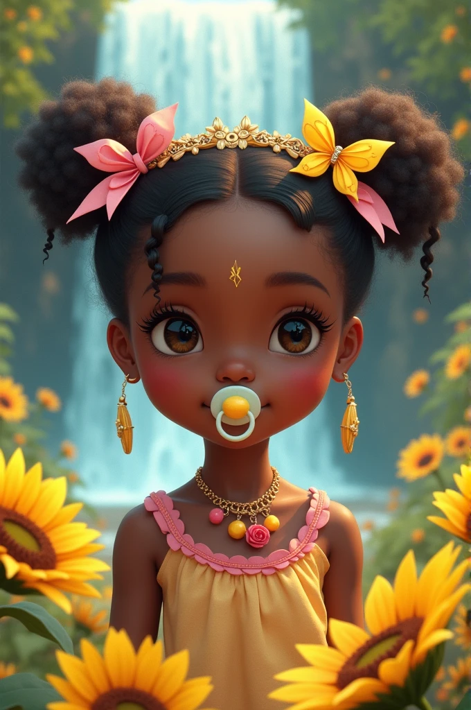 little black girl, wearing pigtails with two pink and yellow bows and a yellow butterfly tiara, with a necklace with three pacifiers, A rose, a yellow one and a red one wearing a pink and yellow dress she is at the waterfall, with yellow butterflies and sunflowers