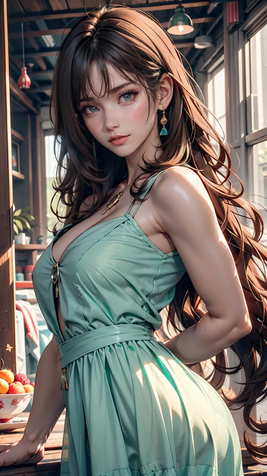 Wavy long hair, Brown Hair, One person, Emerald Eyes, Shake with two fingers, Pink Lips, Pastel Green Dress,
