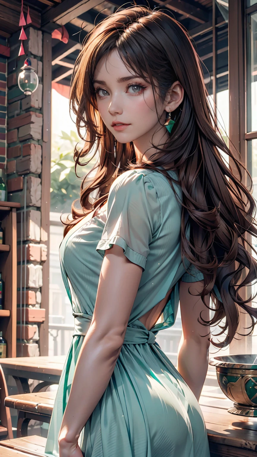 Wavy long hair, Brown Hair, One person, Emerald Eyes, Shake with two fingers, Pink Lips, Pastel Green Dress,