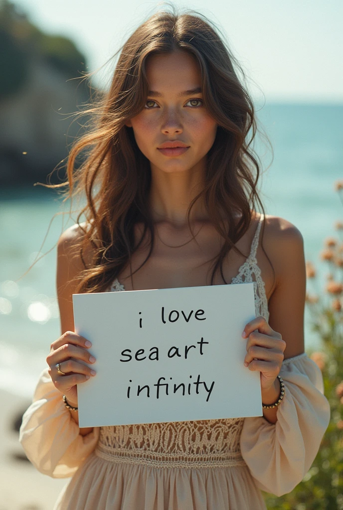 Beautiful girl with wavy long hair, bohemian dress, holding a white board with text "I Love Seaart Infinity" and showing it to the viewer