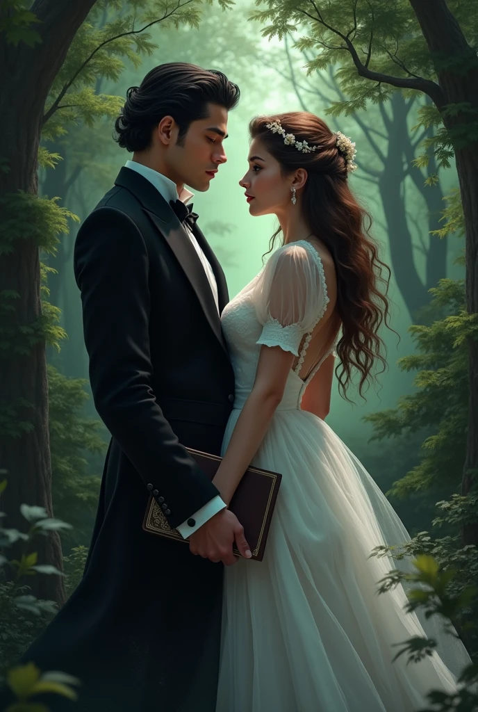 Caucasian male, black fur, wearing elegant black clothes, holding a book in his hand, looking at a WOMAN, Brown hair, She is wearing an elegant white dress, Dark forest.