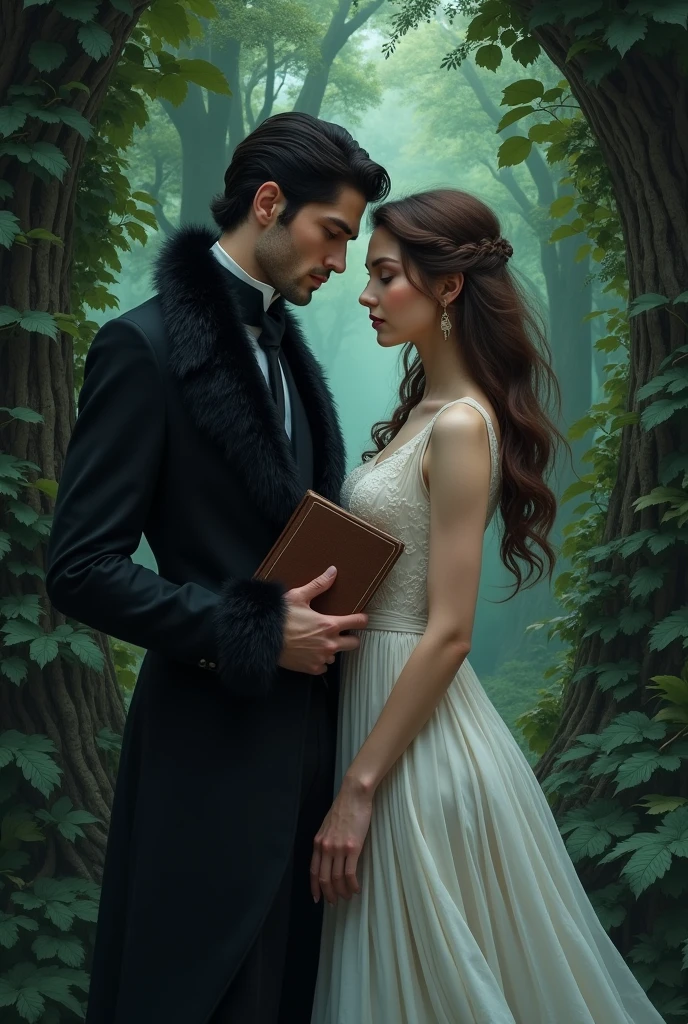 Caucasian male, black fur, wearing elegant black clothes, holding a book in his hand, looking at a WOMAN, Brown hair, She is wearing an elegant white dress, Dark forest.