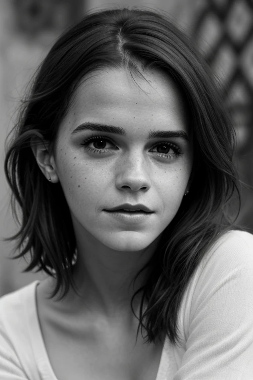 Photorealistic, masterpiece grayscale photo, (Emma Watson) with long hair and poor tattered clothes, cute sexy, (detailed medieval background), ultra sharp focus, detailed face, (((posing))), random hair color, short hair, beautiful eyes, with face of Ane de Armas, full body, high quality black and white image