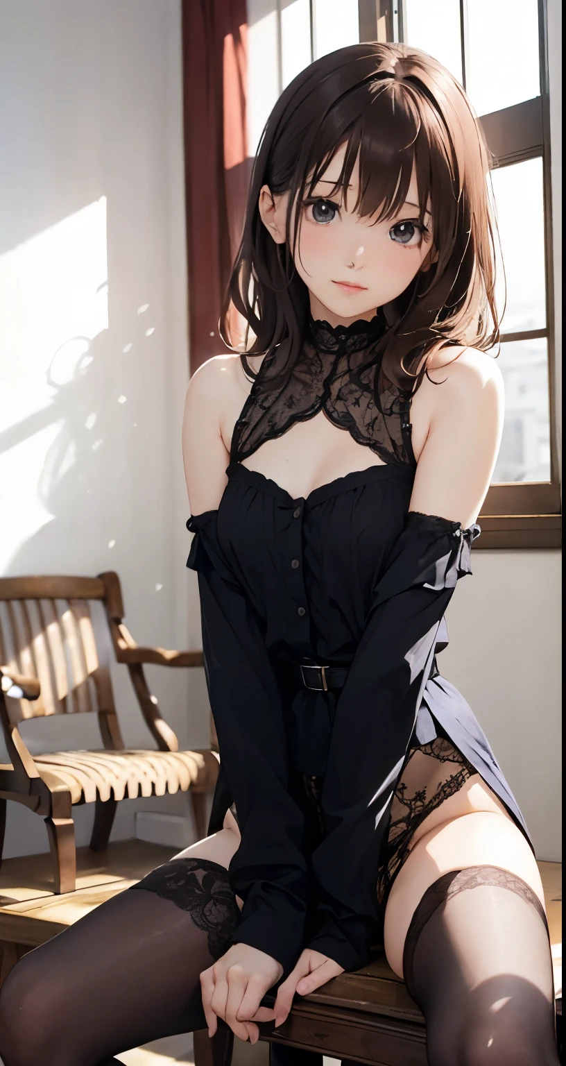 (nsfw、Spread your legs、Spread the with your fingers、Black Stockings),Flat chest、「A woman with dark brown, shoulder-length wavy hair、Hina(Brood)Please draw。Broodは裸に黒の透け感のあるストッキングのみを履いています。Her posture is sexy and dynamic、Calm and calm、It has an intellectual atmosphere.。The background is a simple room、A place with chic interiors、The warm light gently illuminates her.。overall、Make sure your images have a classy and professional feel。」
