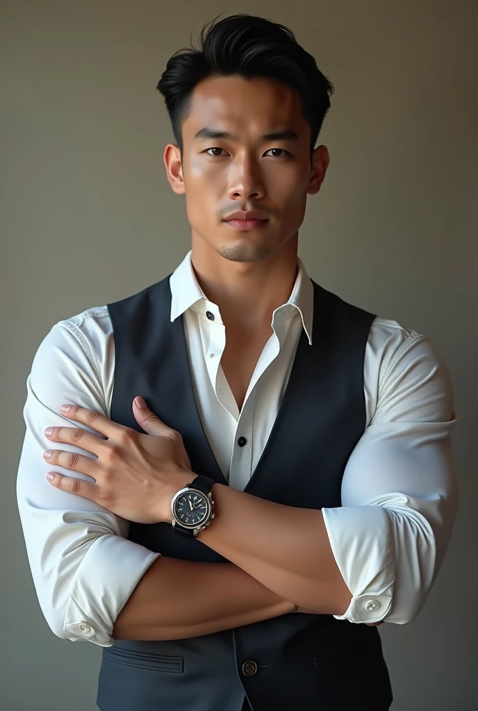 masterpiece, Best quality, realistic、a handsome white skin guy in sheet ghost costume, white thong, Flawless ???????、shirtless., ideal m"Creae an image of a handsome Thai guy, dressed in a stylish fashion outfit, wearing a wristwatch. The outfit should be modern and elegant, with attention to detail in both the clothing and accessories. The wristwatch should be prominently visible, adding a touch of sophistication to her overall look."