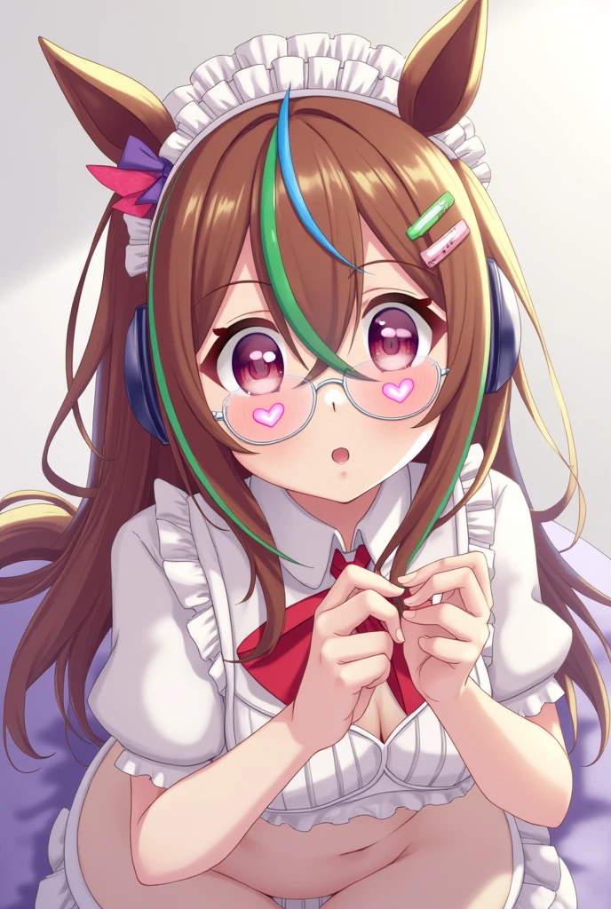 rainbow hair, Horse tail, Hair clip, hair band, hair bow, maid headdress, safety glasses, mole under the eye, heart-shaped pupils, cat ear headphones, bored, naked, medium breasts, vagina, bello vaginal, orinando, jet, head on, Masturbating, lesbians 