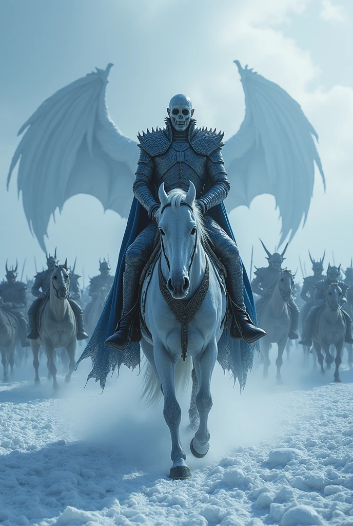 a highly detailed digital painting of the Night King from Game of Thrones, riding a horse, leading his army of the undead, with an undead dragon in the background, snowy winter landscape, dramatic lighting, cinematic composition, hyperrealistic, intricate details, dark fantasy, moody atmosphere, cool color palette