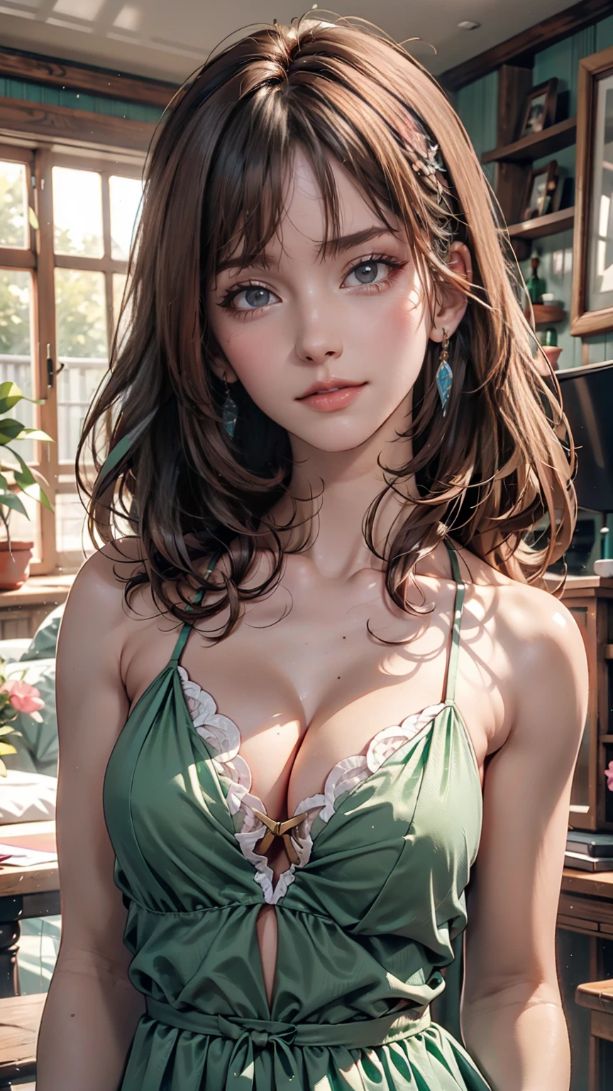 Wavy long hair, Brown Hair, One person, Emerald Eyes, Shake with two fingers, Pink Lips, Pastel Green Dress,
