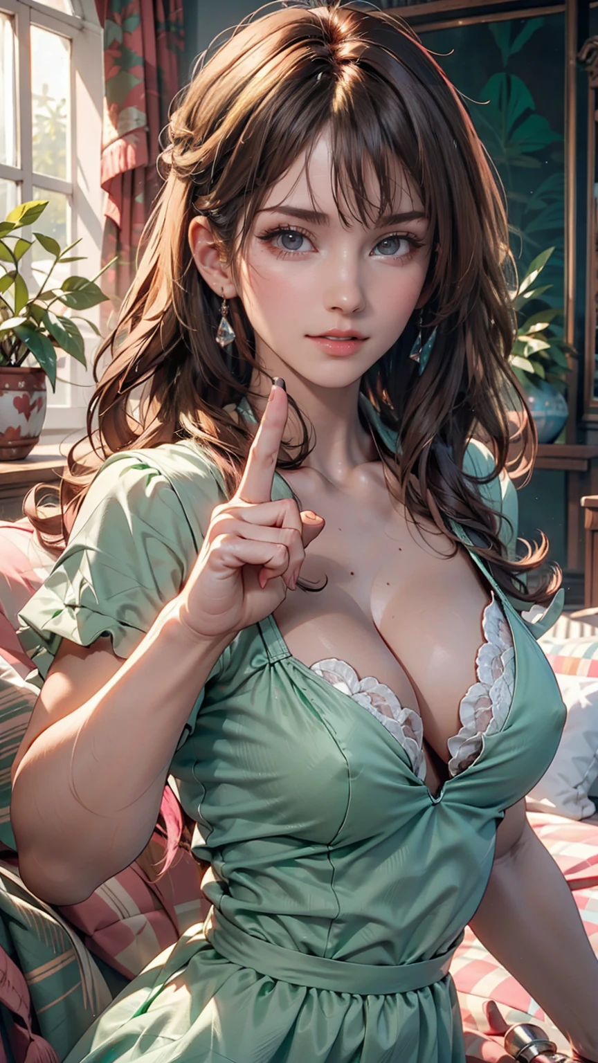 Wavy long hair, Brown Hair, One person, Emerald Eyes, Shake with two fingers, Pink Lips, Pastel Green Dress,