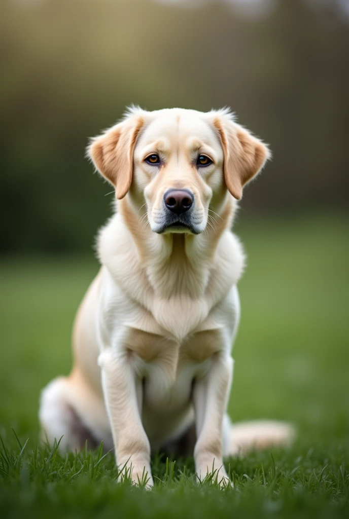 Capture a photo of a dog sitting calmly on a patch of green grass, looking directly at the camera. The background should be simple and blurred to keep the focus on the dog.