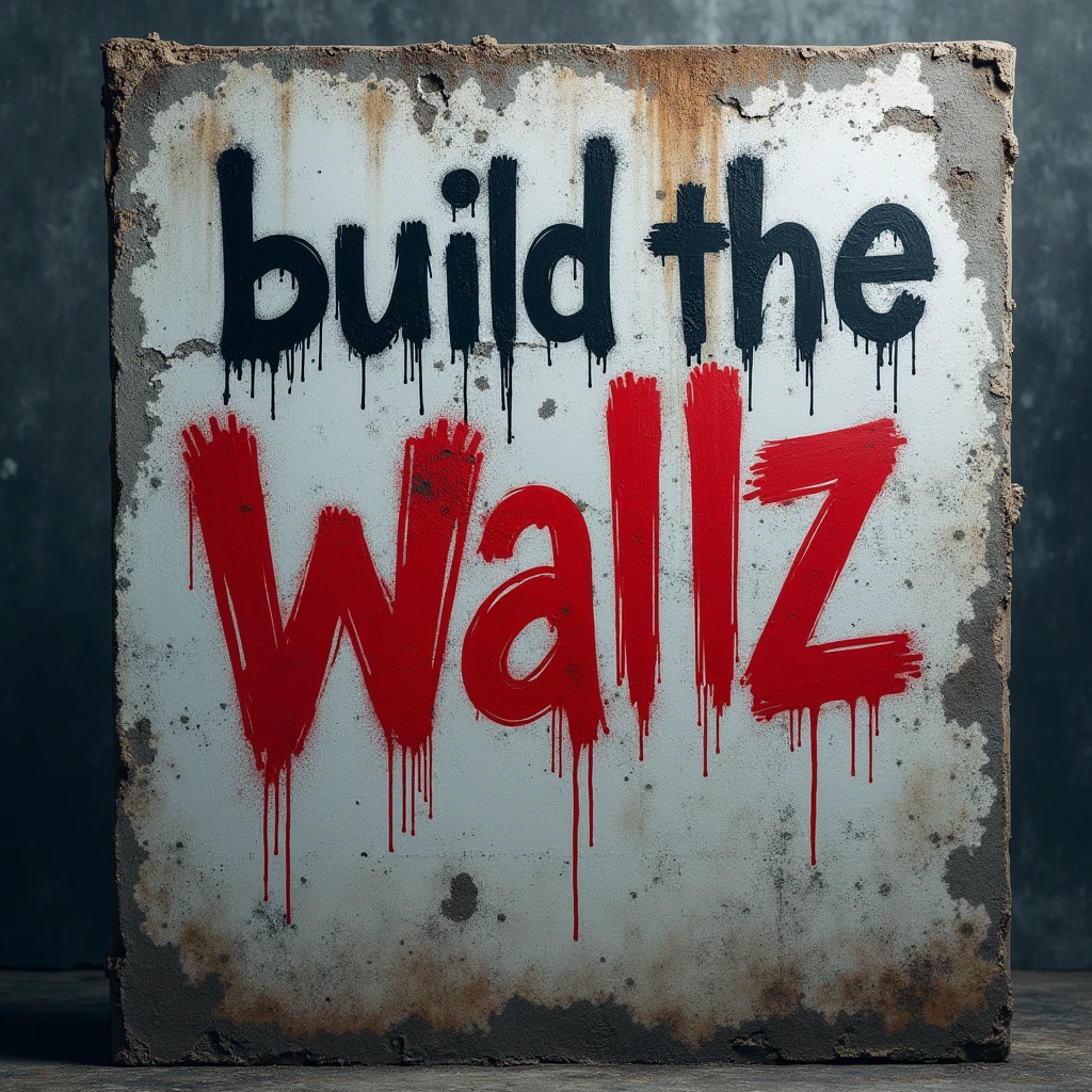 t-shirt design, a cement wall with "build the wall"  spray painted on to it then a "z" is painted over the last letter of "wall" so the message reads "build the walz"