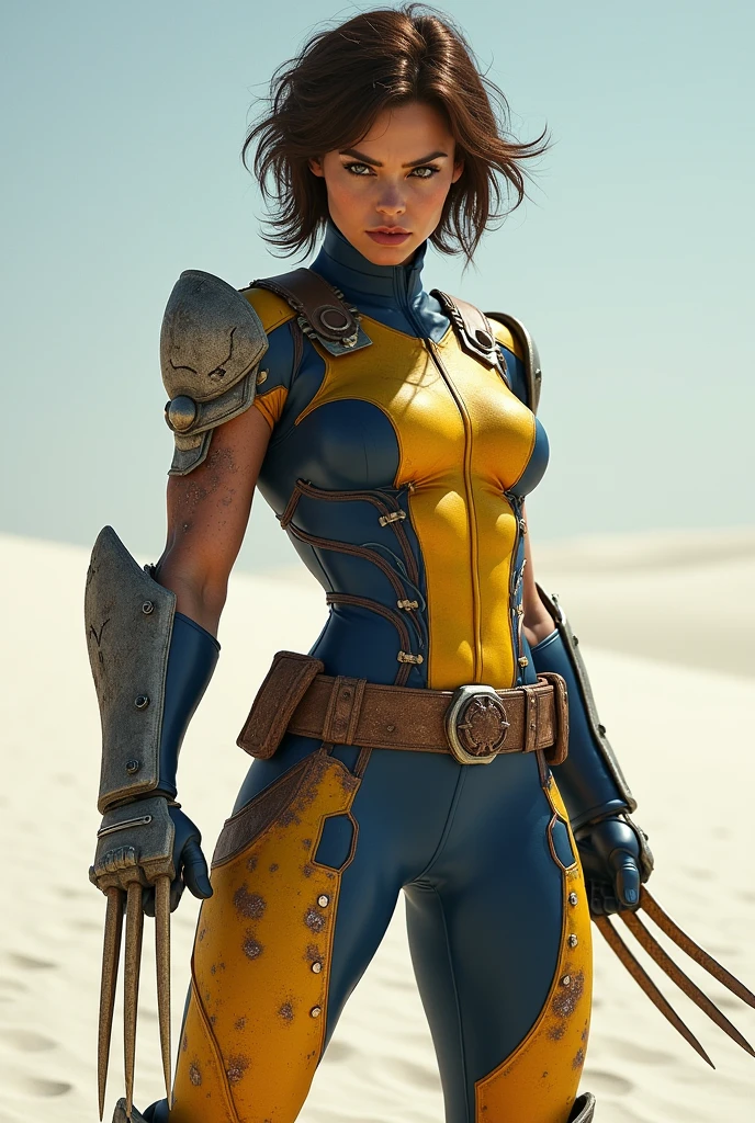 Woman in Wolverine costume, Realistic yellow and navy blue suit, suit with some wear, dirt and some cuts with dried blood, suit with some reinforcement, suit with sleeves, with the face completely visible, with a serious and slightly angry expression, SHOWING THE FANGS, with short and somewhat disheveled hair, with brown eyes, with three golden claws. full body image, in a white sand desert, in a combat pose.