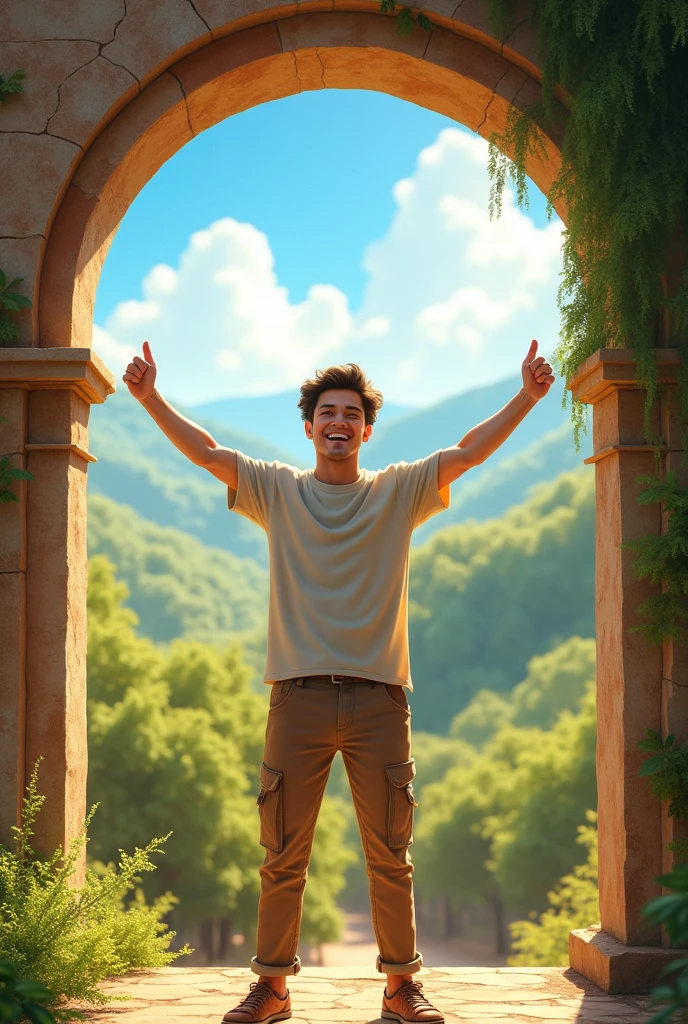 A young man with a radiant smile, with thumbs up and surrounded by a sunny and beautiful landscape, include an arch, What are Sagittarius Zodiac Sign Symbols?.