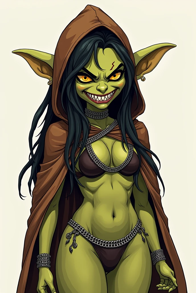Goblin queen with large yellow eyes, a large toothy grin, chainmail hood, chainmail bikini, black dreadlocks, short and stout stature, non muscular stomach, pubic hair peeking out of bikini bottoms, brown leather poncho, drawing, simple lines, no shading, shorter ears, nipples and labia