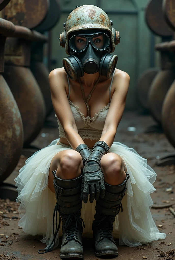 A woman in a dystopian, post-apocalyptic world, blending delicate and rugged elements. She is seated in an abandoned industrial setting, wearing a sheer tutu-like skirt and a form-fitting bodice contrasted with heavy combat boots and gloves. Her face is obscured by a worn, oversized helmet with goggles and respirators, enhancing an air of mystery. The environment is filled with rusted machinery, with a dark color palette of browns, grays, and blacks, symbolizing a poignant juxtaposition of vulnerability and resilience