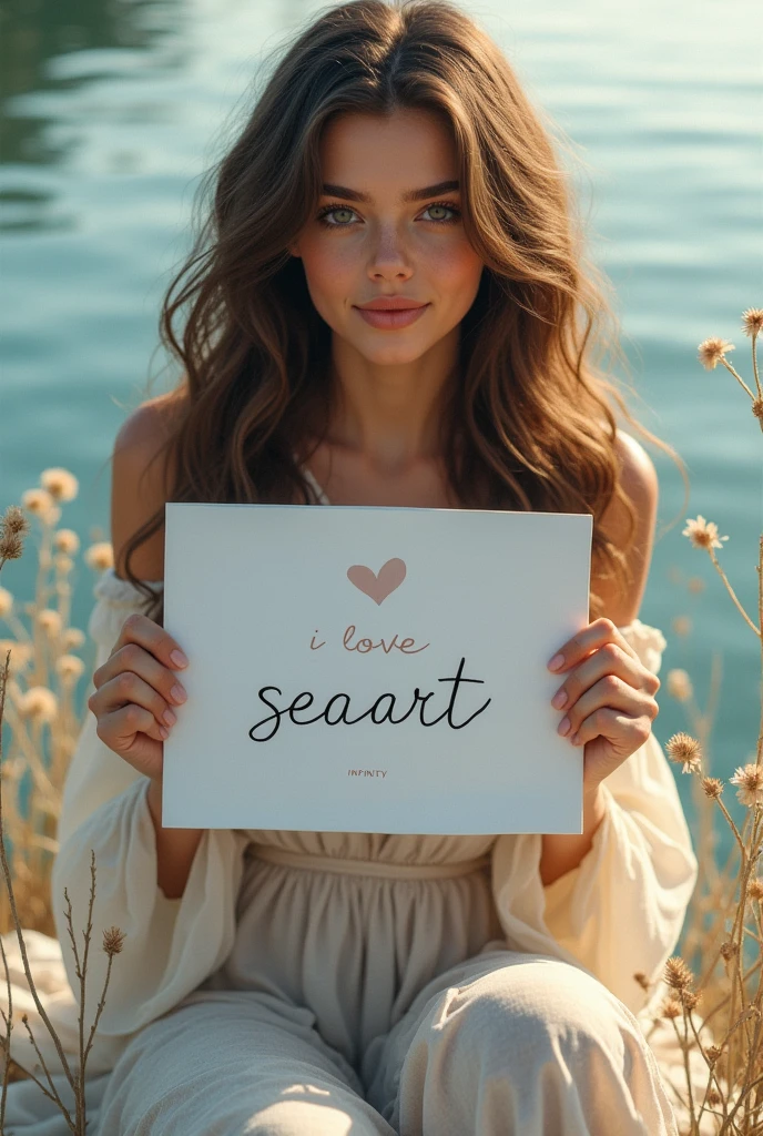 Beautiful girl with wavy long hair, bohemian dress, holding a white board with text "I Love Seaart Infinity" and showing it to the viewer