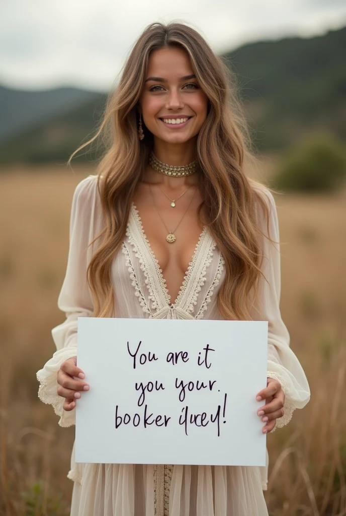 Beautiful girl with wavy long hair, bohemian dress, holding a white board with text "I Love Guri Daddy" and showing it to the viewer with big boobs
