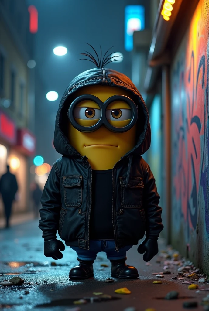 Cool minion in a black jacket at night on the road, he draws graffiti, he has cool black glasses, and he has a serious face, and he is wearing a hoodie