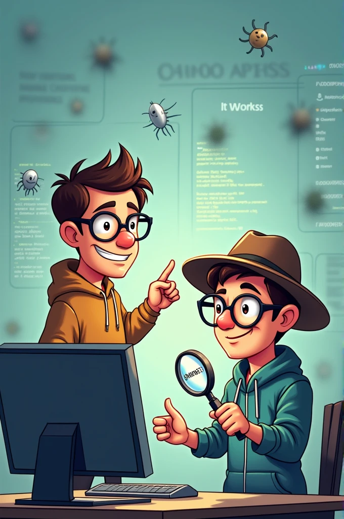 Create a humorous illustration showing a developer and a tester working together. The developer, wearing glasses and a hoodie, is proudly pointing to their computer with the text "It works on my machine!" displayed on the screen. Meanwhile, the tester, wearing a detective hat and holding a magnifying glass, is examining the screen closely with a mischievous grin, thinking, "Challenge accepted!" Both are surrounded by comical representations of bugs and code snippets, with a playful atmosphere that highlights the fun and challenges of software development.