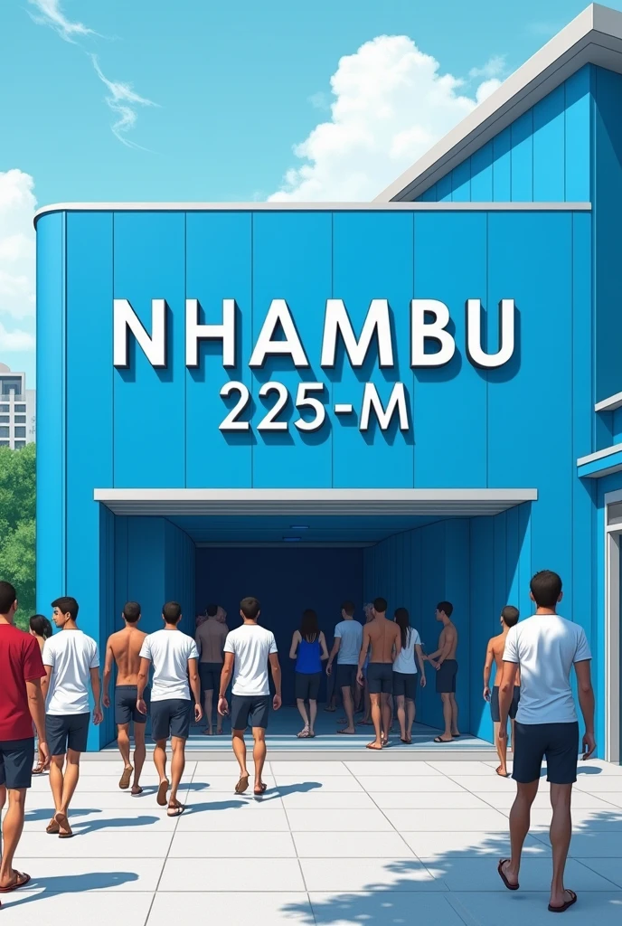 Blue wall public bathhouse, modern and brand new, with a sign written in capital letters “NHAMBU 225-M”, with mixed-race men in flip-flops and shorts coming and going.