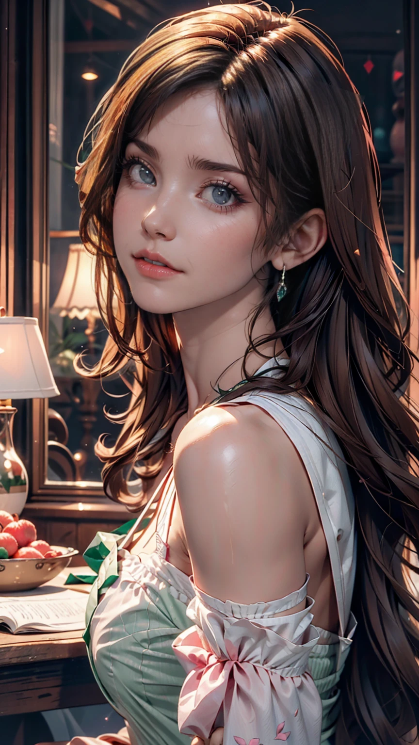 Wavy long hair, Brown Hair, One person, Emerald Eyes, Shake with two fingers, Pink Lips, Pastel Green Dress,
