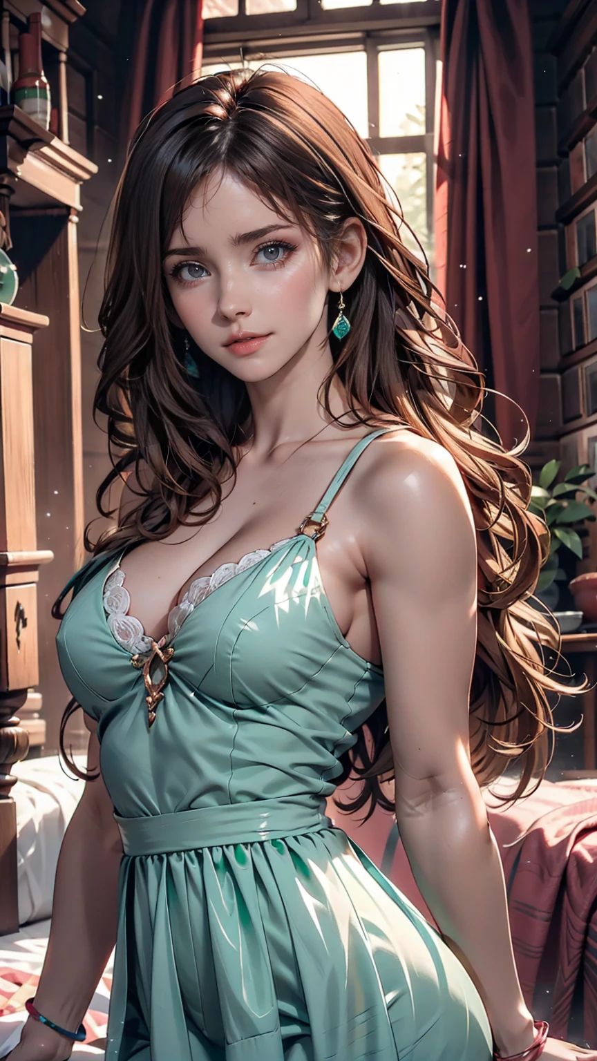 Wavy long hair, Brown Hair, One person, Emerald Eyes, Shake with two fingers, Pink Lips, Pastel Green Dress,