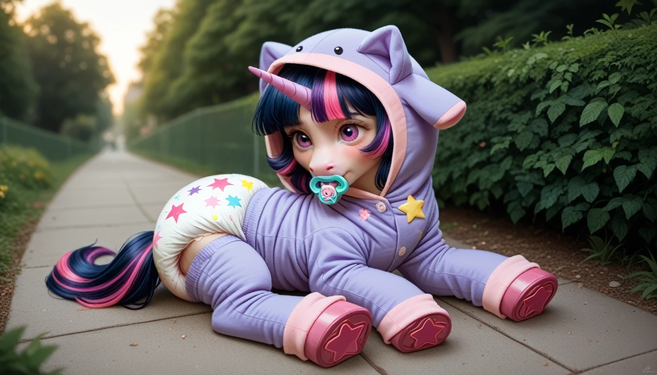 pony, purple unicorn, dark blue mane with purple streak and pink streak, the tail is dark blue with a purple strand and a pink strand, purple eyes, on the side close to the back hoof is a drawing of a pink star with six small stars around a central star, adult mare, sitting outside, dressed in a onesie and booties, pacifier in mouth, solo, thick diaper under clothes, pink blush on cheeks, Embarrassment, Awkwardness.