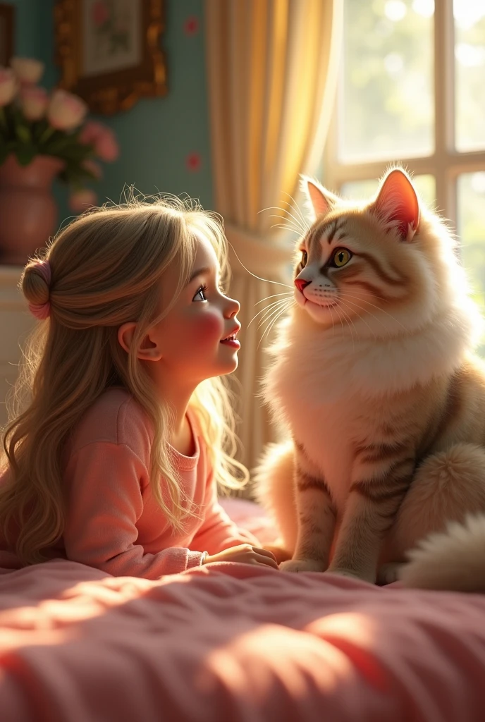 A  girl, beautiful fluffy cat, bidding, Idyllic, magic scene, beautiful room , (Best Quality, 4k, 8k, High resolution, masterpiece:1.2), ultra detailed, (realist, photorealist, photo-realist:1.37), warm lighting, vibrant colors, soft focus, Fairy tale, dreamer, cozy, adorable, Beautiful, Capricious, fancy, charming, sereno, peaceful, innocent, comforting, Imaginative