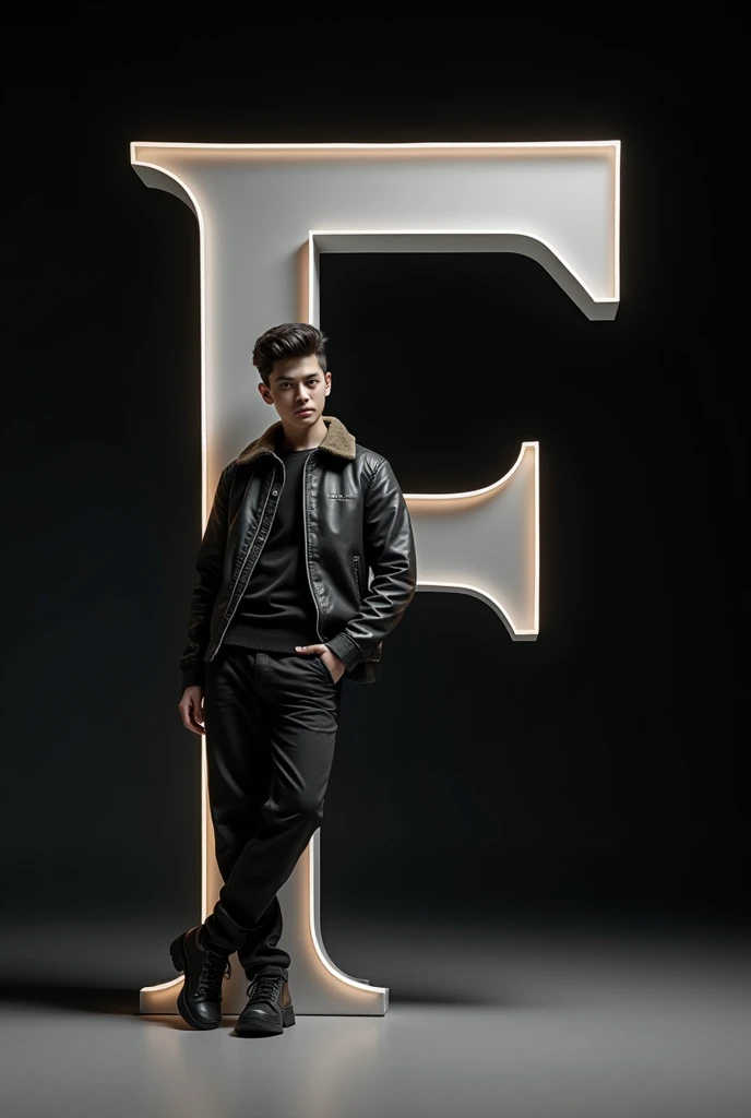 Create an image featuring a large, glossy,'F
letter in the foreground with a boy leaning casually against it. The person should be dressed in stylish, monochromatic clothing and have a confident pose. The background should be a dark gradient to keep the focus on the letter and the person. Ensure that the lighting gives a soft glow to the edges of the 3D letter and casts subtle shadows to add depth to the