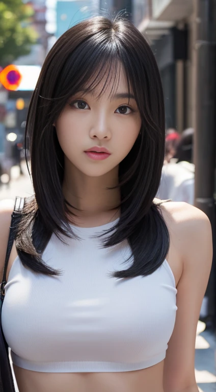 Street background　Black Hair　semi-long　Bob　urban look　Beautiful woman　Shapely, slender breasts