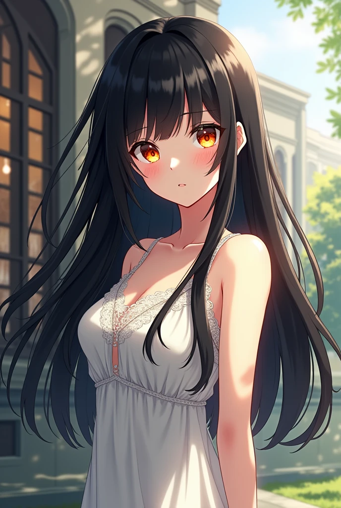 Create a female anime character with long black hairs wearing a white collage dress her eyes colour orange with details and in her opposite direction there should be a college 