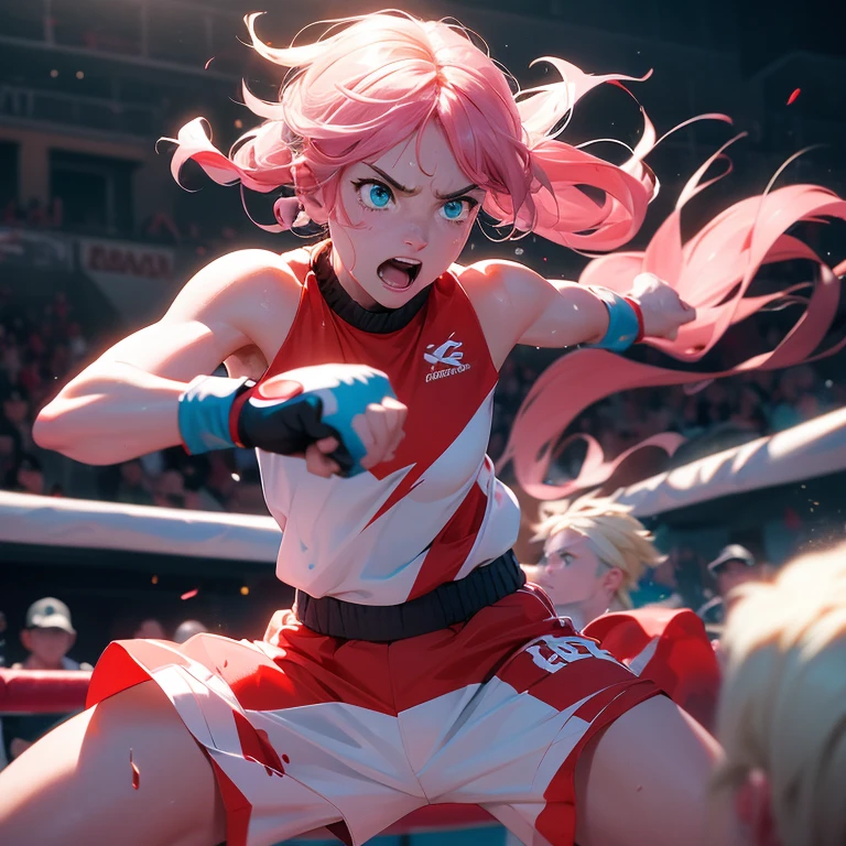 (best quality, 4k, 8k, high resolution, masterpiece: 1.2), ultra detailed, (realistic, photorealistic, photorealistic: 1.37), 1_girl, 1_boy, boxing match, boxing ring, fight, sweat and blood, hair boy pink and green eyes, girl pink hair and green eyes, determination, strong punches and powerful kicks, muscular bodies, adrenaline rush, victory in the air, powerful punches and punches, energetic movement, fierce competition, athletic prowess, fast footwork and agility, intense rivalry, exciting crowd, breakneck speed, rope swing, spotlights, boxing gloves, fluid movement, stamina and stamina, showdown, corner men and trainers, cheering and applause, aggressive fighting style, protective helmet, protectors mouths, adrenaline-filled race, unwavering stamina, competitive spirit, dynamic action, boxing fans, hard-hitting punches Loud and intense atmosphere, championship battle, split-second reflexes, skillful footwork, fierce uppercuts and uppercuts, feints and dodges, fight for glory, fierce determination, boxing trunks, sweaty and tired bodies, body armor, bruised and bleeding faces.   , vibrant energy, unleashing his power, illuminated field, unstoppable willpower, sweat-soaked ring, thunderous applause, unforgettable knockout moments, fighting for respect