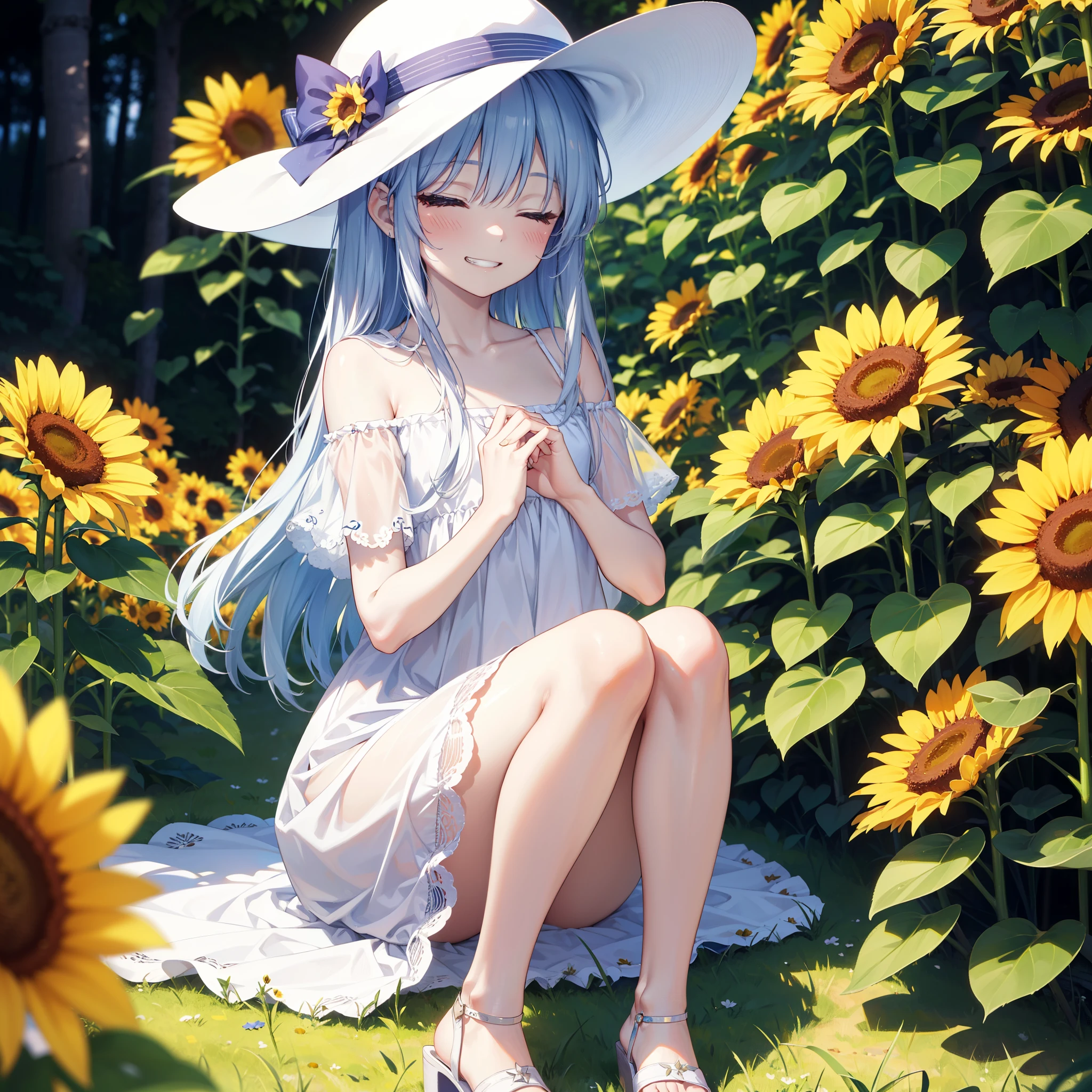index, index, Silver Hair, Long Hair, (Flat Chest:1.2),Close ~ eyes,hair band,smile,Grin,White hat,Off-the-shoulder dress,Short sleeve,Bare shoulders,bare clavicle,Bare neck,mini skirt,Cute heeled sandals,Place your hands on your knees,True Summer,Clear skies,Daytime,whole bodyがイラストに入るように,
break looking at viewer, whole body,
break outdoors, Sunflower field,
break (masterpiece:1.2), Highest quality, High resolution, unity 8k wallpaper, (figure:0.8),Highly detailed face, Perfect lighting, Highly detailed CG, (Perfect hands, Perfect Anatomy),