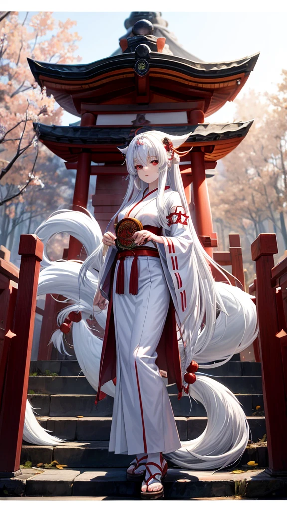 Shrine, monster, nine-tailed fox, personification, great style, white hair, red eyes, shrine maiden,