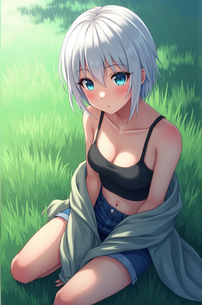 Anime Woman with short white hair, blue eyes, sitting on the grass, with a jacket wrapped around her waist, and a crop top